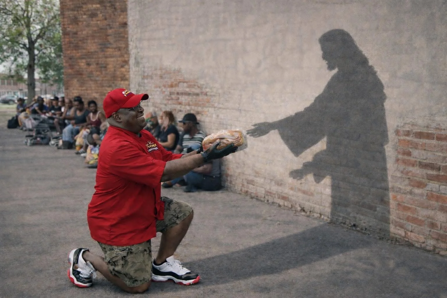 Michael Airhart kneeling with bread beside a symbolic shadow on a Chicago wall