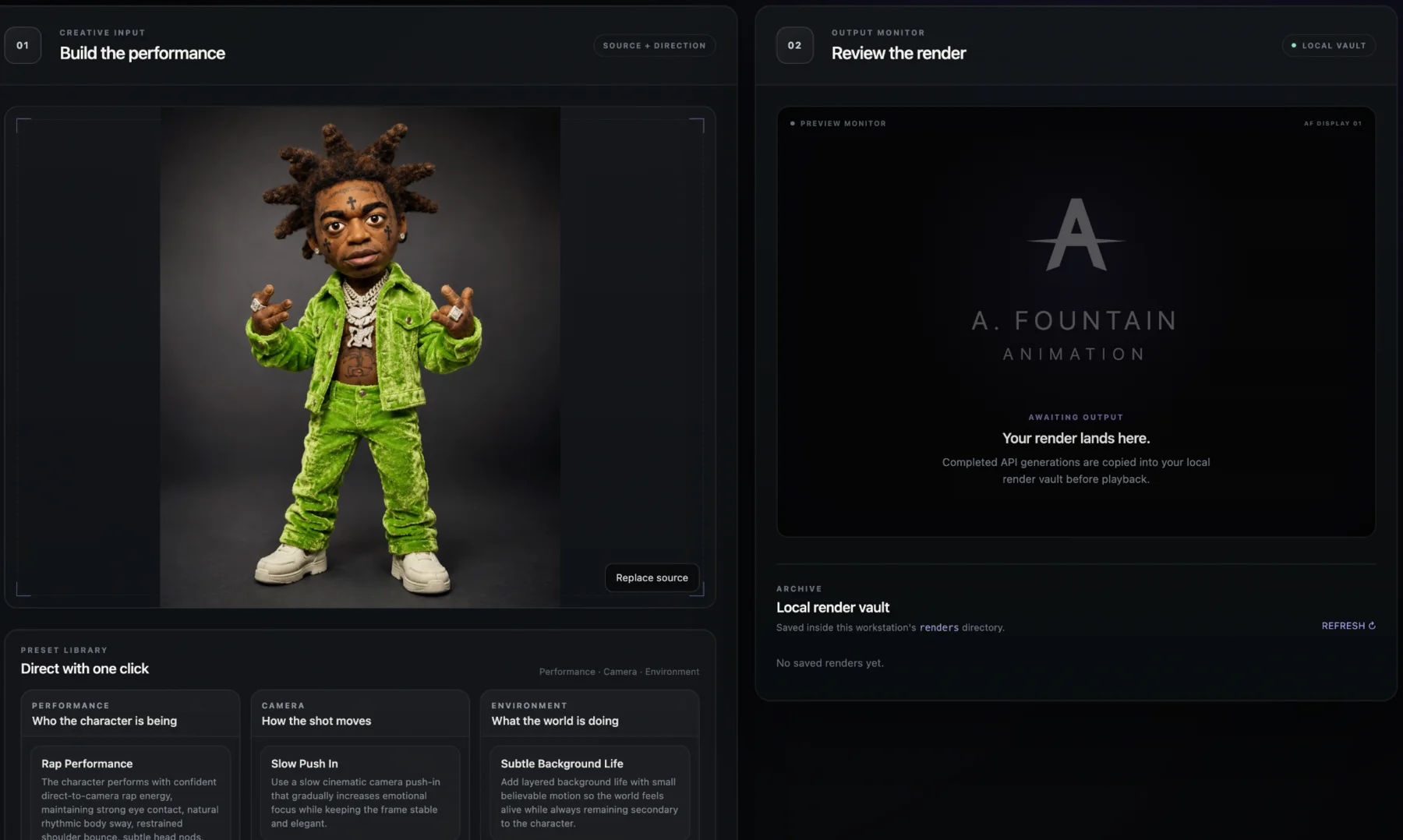 Fountain Animator performance direction interface