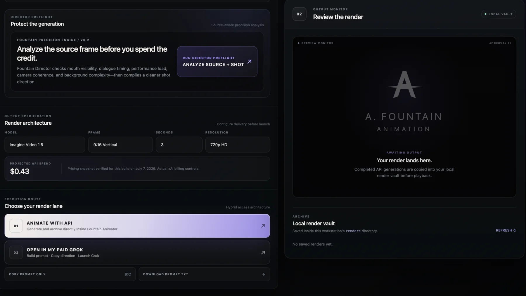 Fountain Animator director preflight and render interface
